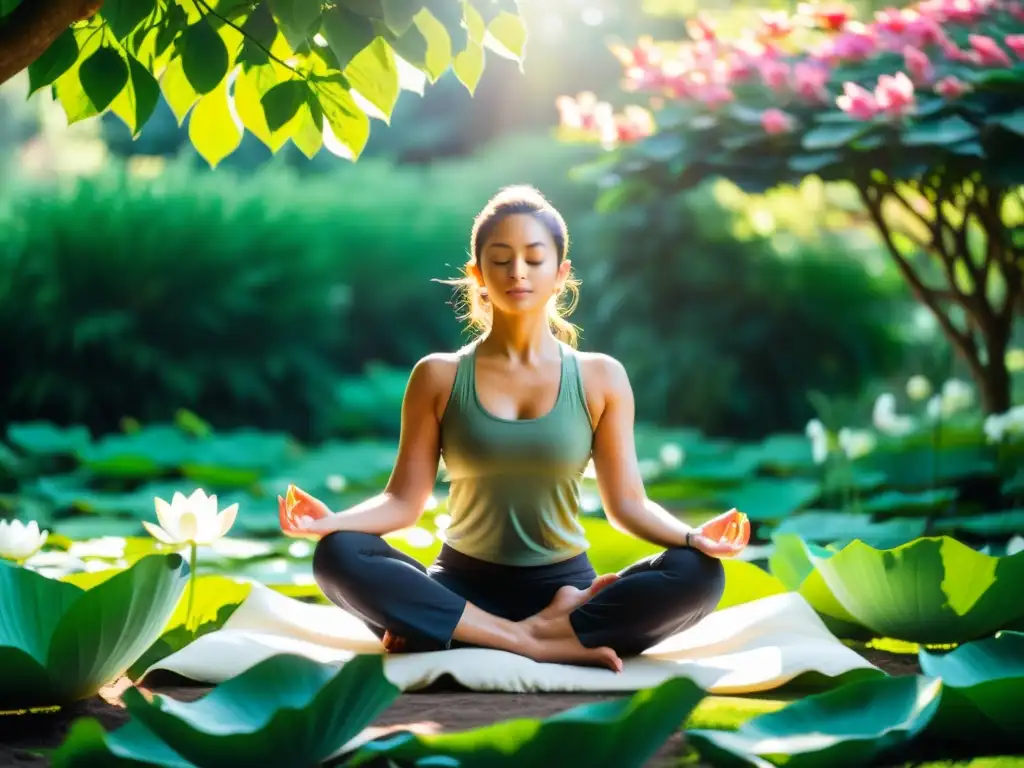 Yoga en el jardín: paz y serenidad entre flores y naturaleza Persona practicando yoga en jardín, rodeada de naturaleza y flores