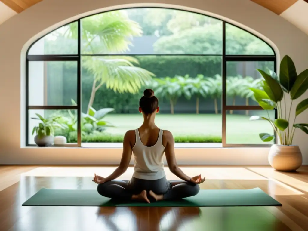 Salón moderno para yoga con vistas al jardín Persona practicando yoga en una sala luminosa con vista a un jardín, beneficios de meditación y ejercicio físico