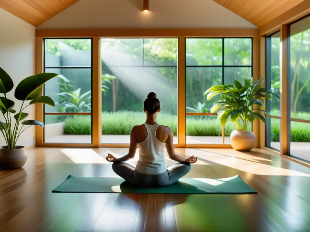 Serenidad en la sala de meditación: yoga y tranquilidad Persona practicando yoga en una sala de meditación tranquila con plantas verdes y luz natural