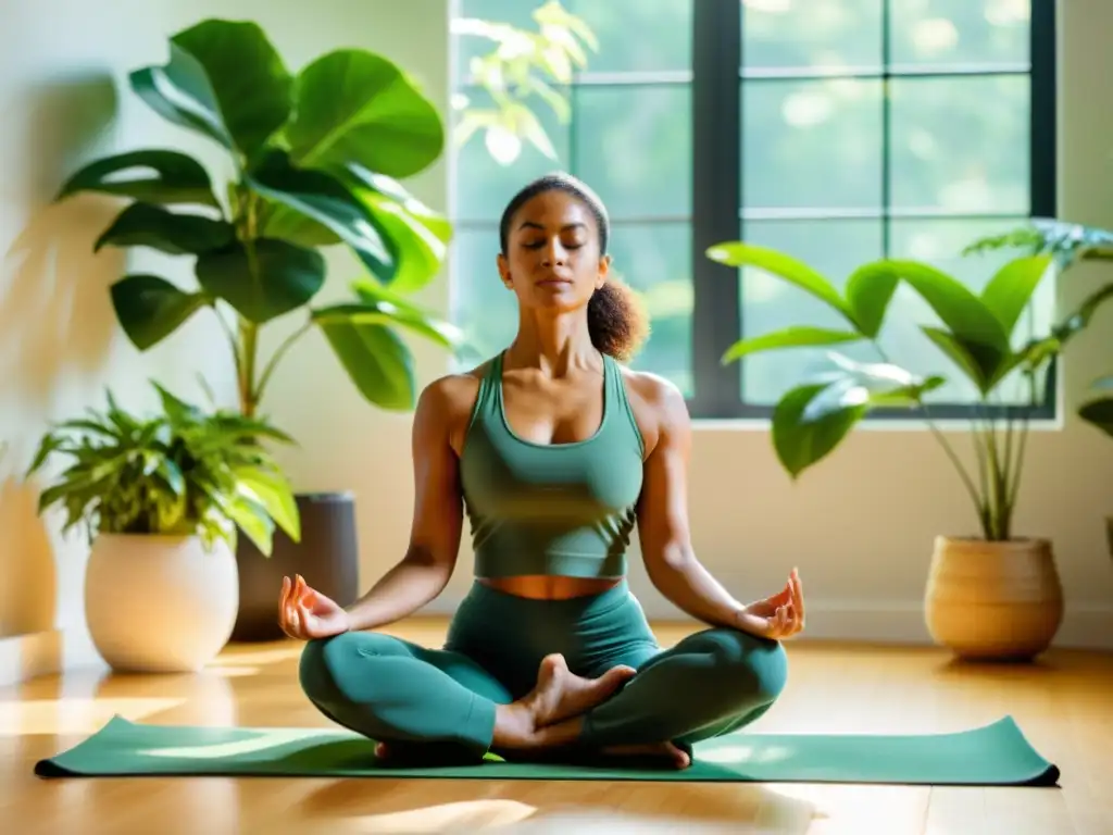 Fortalece tu sistema inmunológico con yoga Persona practicando yoga para fortalecer el sistema inmunológico en un estudio sereno y soleado rodeado de plantas verdes exuberantes
