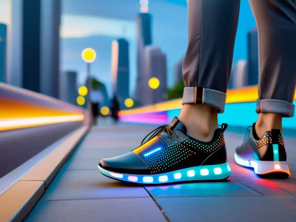 Zapatos inteligentes brillantes en la ciudad Una persona con zapatos modernos camina en la ciudad, con sensores para inmunidad
