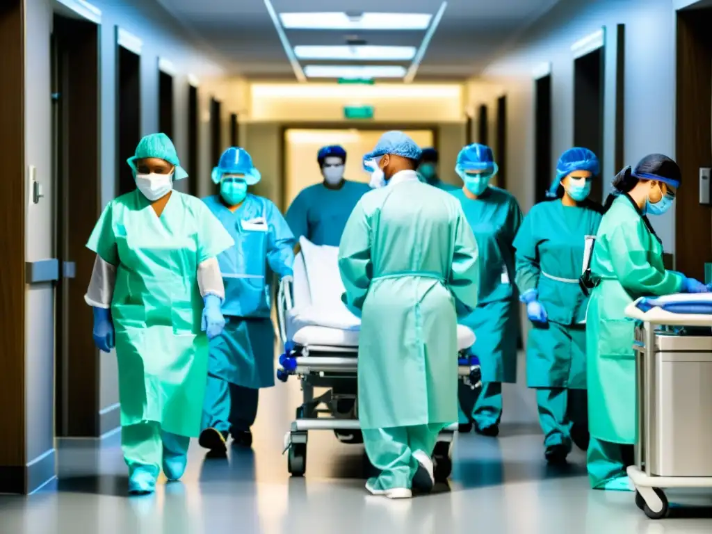 Atención médica de urgencia: trabajadores de la salud en acción Personal médico en PPE atiende pacientes en hospital, transmitiendo urgencia y profesionalismo
