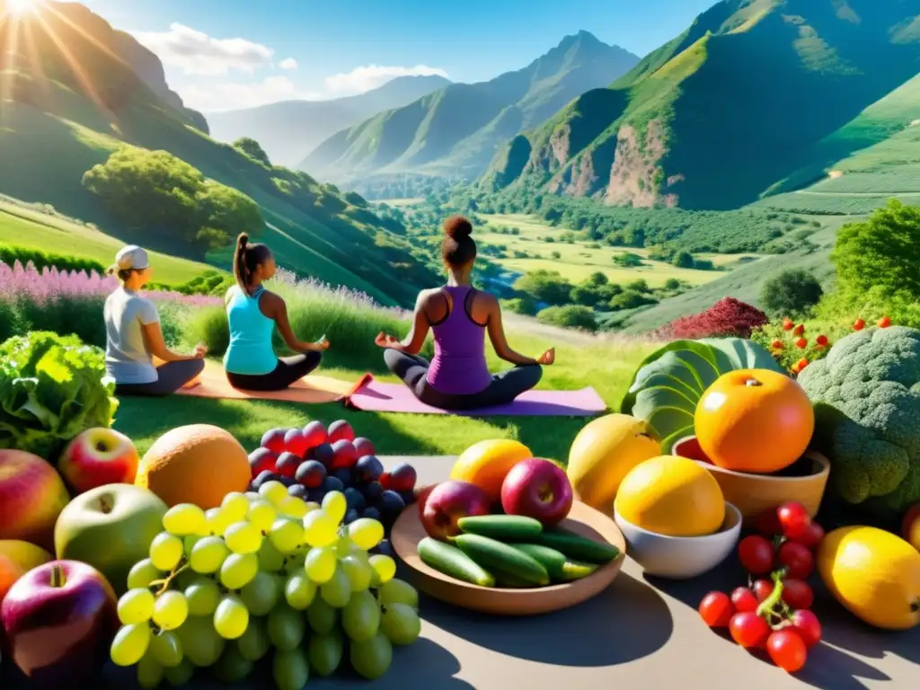 Vida activa y saludable: diversidad, naturaleza y bienestar Diversas personas disfrutan de actividades al aire libre con frutas y verduras vibrantes