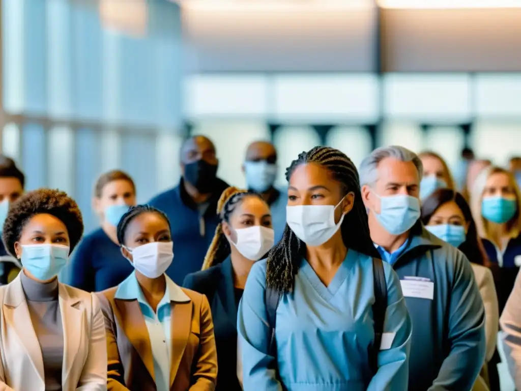 Esperanza y vacunación: Diversidad en un centro moderno Personas diversas con mascarillas esperan vacunación en centro moderno