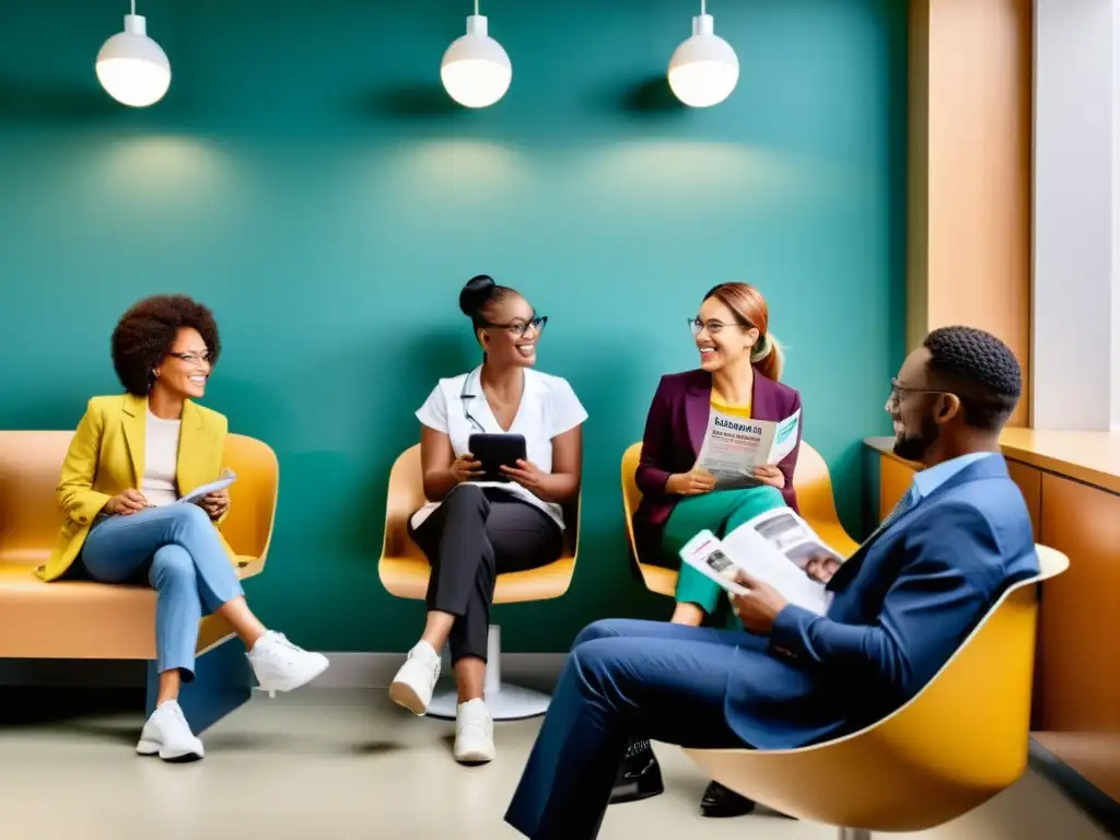 Diversidad en la sala de espera: Comunidad en la atención primaria Personas diversas en sala de espera médica moderna, reflejo de la comunidad y las desigualdades en atención médica e inmunidad colectiva