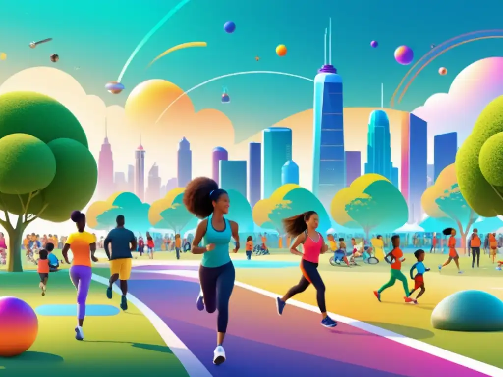 Comunidad Saludable en la Ciudad Futurista Personas diversas fortalecen su sistema inmunológico en una ciudad futurista, con apps para fortalecer sistema inmunológico