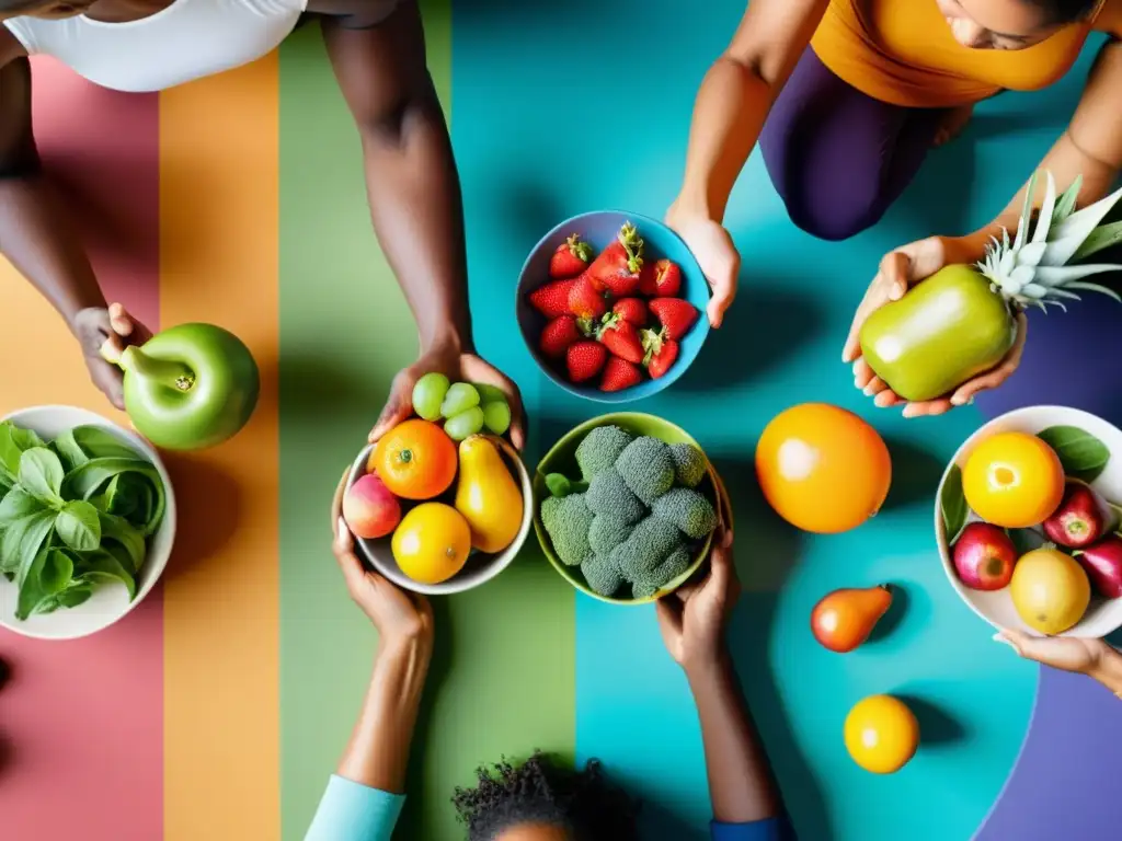 Vida saludable: diversidad en acción, energía y vitalidad Personas diversas fortaleciendo su sistema inmunológico con yoga, frutas y actividad física al aire libre