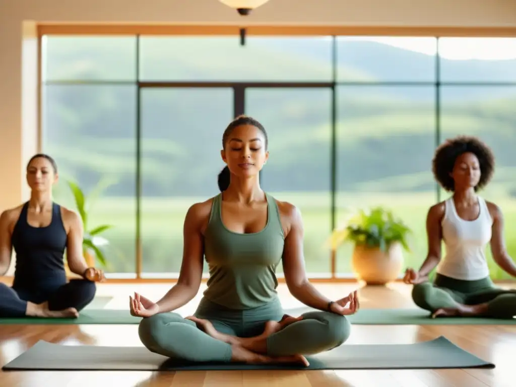 Práctica de yoga y meditación en un estudio sereno Personas diversas practicando yoga y meditación en un estudio sereno con grandes ventanales y paisaje verde