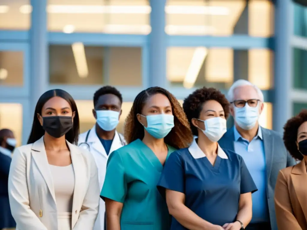 Comunidad diversa en fila para vacunación Personas de diversas edades y etnias con mascarillas esperando en fila afuera de un moderno centro médico