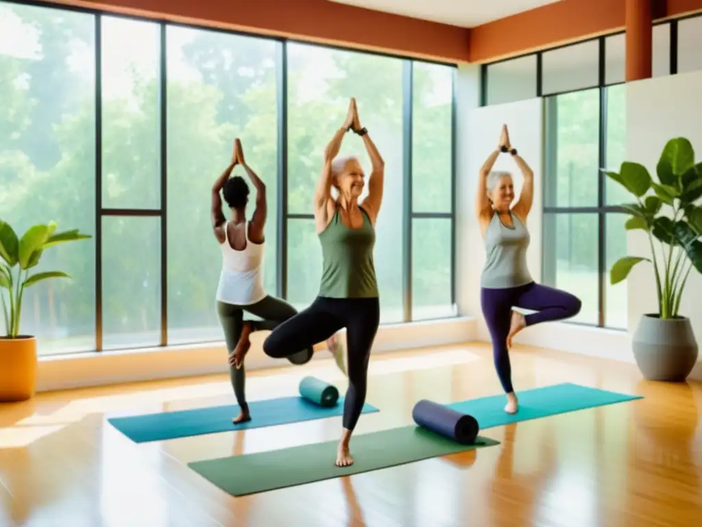 Clase de yoga para seniors: vitalidad y bienestar en la tercera edad 'Personas mayores felices participando en una clase de yoga en un estudio luminoso, con música suave y plantas verdes