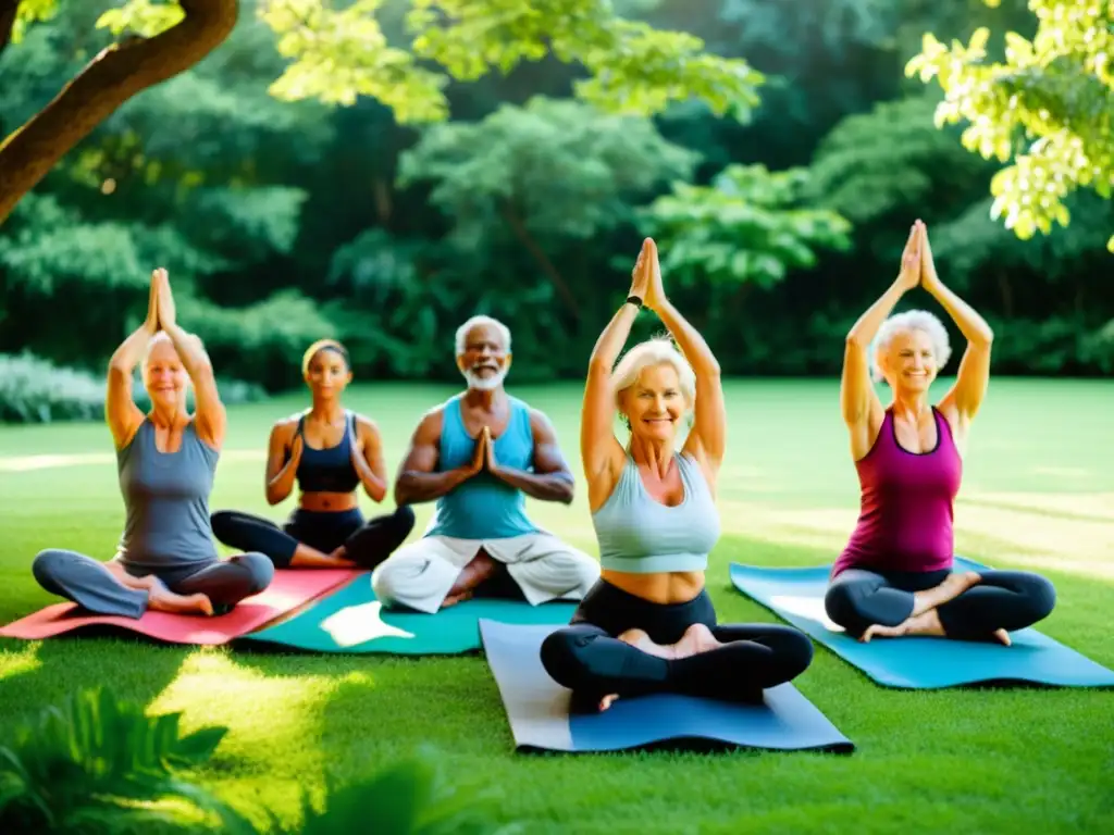 Yoga al aire libre para adultos mayores: vitalidad en la naturaleza Personas mayores practican yoga al aire libre rodeadas de naturaleza, transmitiendo vitalidad y bienestar