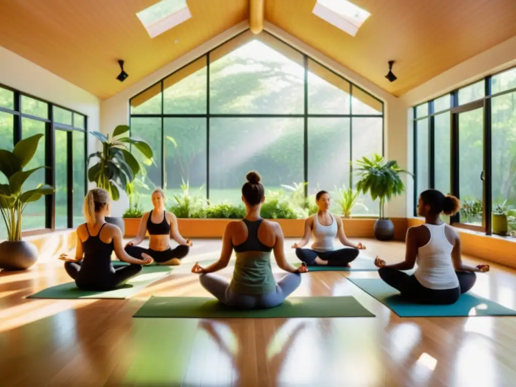 Personas practicando yoga en un estudio iluminado por luz natural, rodeadas de plantas