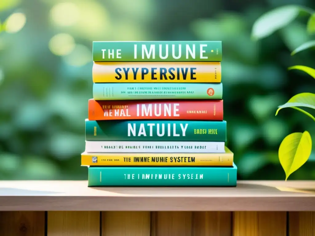 Libros de salud inmune: conocimiento y vitalidad Una pila de libros coloridos y desgastados sobre salud inmunológica, rodeada de vegetación vibrante y luz natural