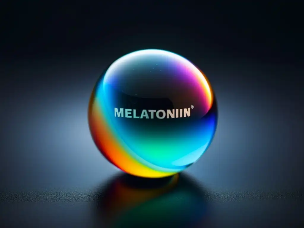 Melatonina: Esfera iridiscente en superficie futurista Una píldora de melatonina sobre una superficie negra, con gotas de agua brillantes
