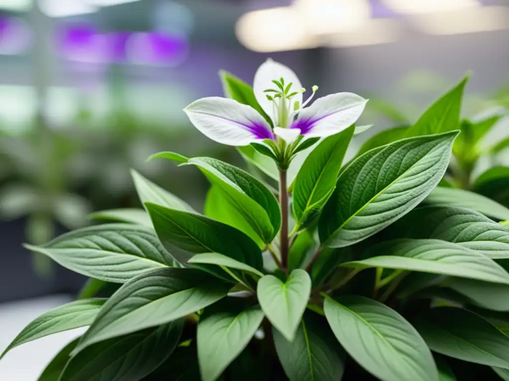 Andrographis: Belleza natural y potencial medicinal en laboratorio Planta de Andrographis vibrante en laboratorio moderno, resaltando su potencial medicinal