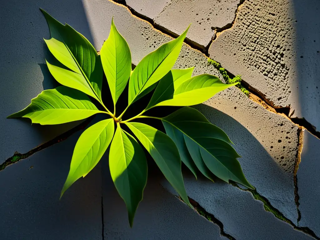 Resiliencia verde: planta vibrante desafiando el concreto Una planta vibrante rompiendo el concreto, simbolizando resiliencia y fuerza
