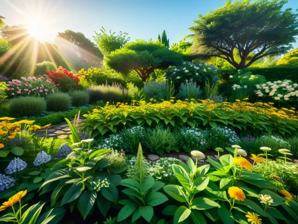 Jardín medicinal: belleza inmersiva y vitalidad natural Jardín de plantas medicinales, repleto de flores y vida, irradiando vitalidad y calma