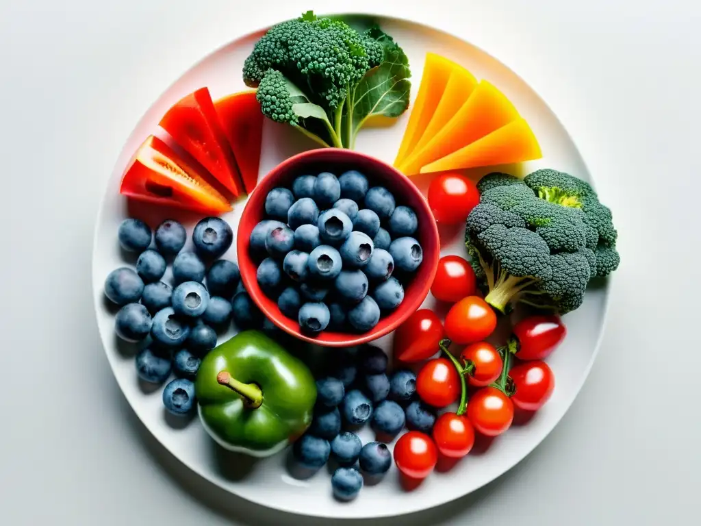 Exuberante variedad de frutas y verduras antioxidantes en plato blanco Plato blanco con coloridas frutas y verduras, resaltando la importancia de antioxidantes en sistema inmunológico
