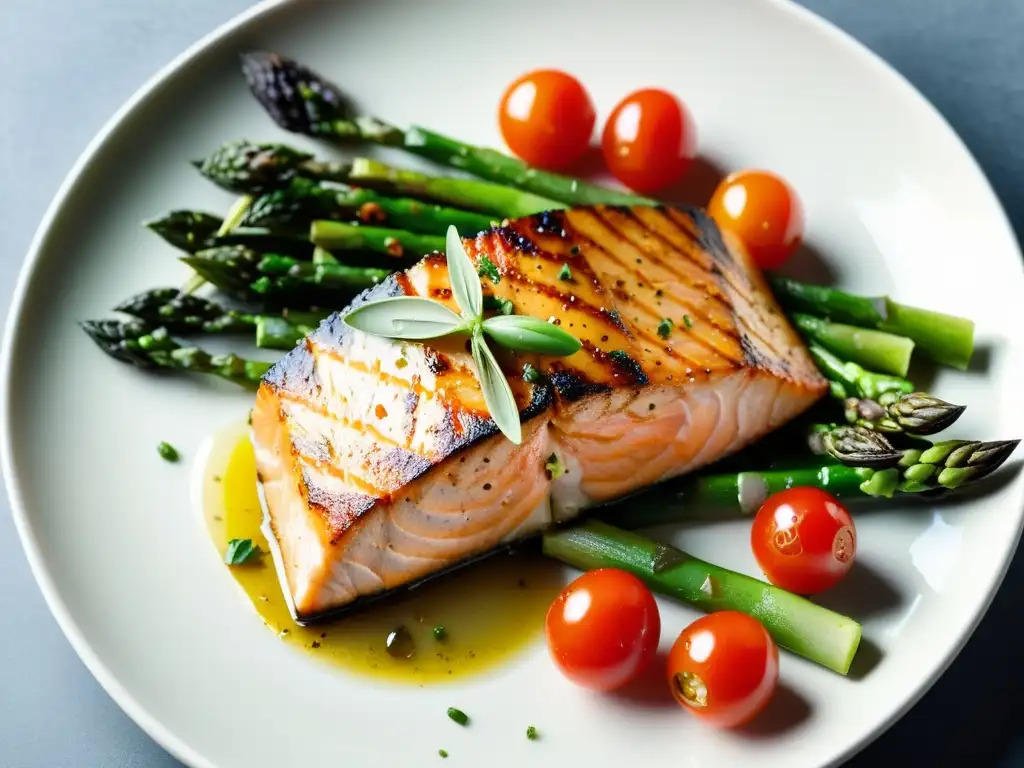 Salmón a la parrilla con verduras: plato colorido y delicioso Un plato exquisito con salmón a la parrilla, espárragos y tomates cherry, rico en ácidos grasos omega 3