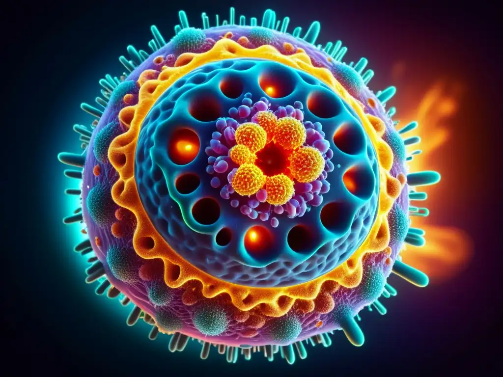 Defensa inmune: Célula neutralizando virus Un poderoso sistema inmunológico neutraliza un virus, con colores vibrantes y patrones intrincados