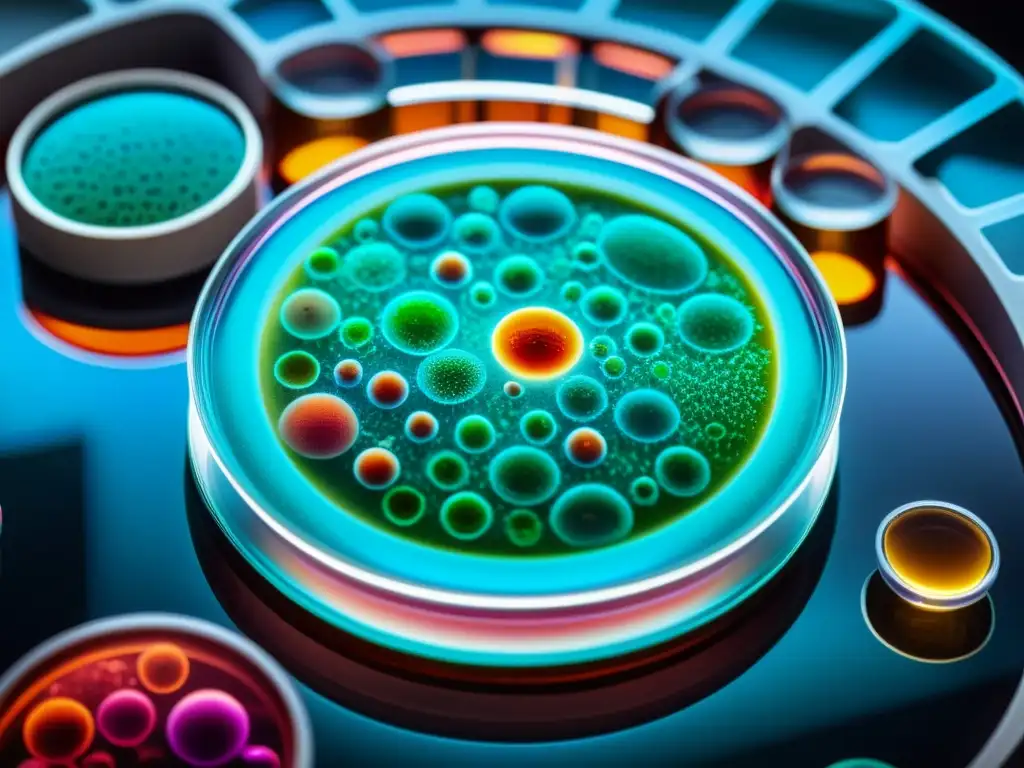 Microscopio: Detalles vibrantes de células inmunes en petri dish Potenciadores de inmunidad con evidencia científica: Petri dish con células inmunes vibrantes y equipamiento científico