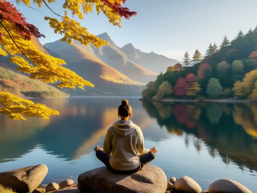 Practicante de mindfulness en el borde de un acantilado rocoso, rodeado de árboles otoñales, junto a un lago sereno