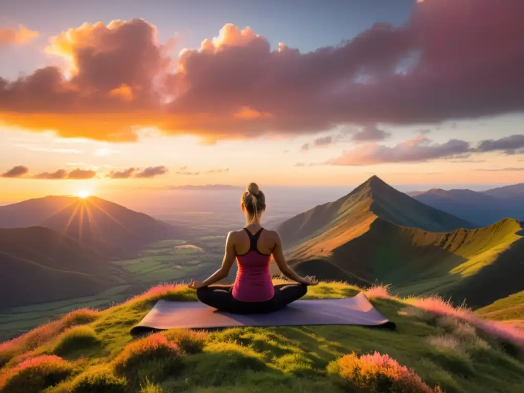 'Practicante de yoga en la cima de la montaña al amanecer, disfrutando los beneficios de estiramientos para sistema inmune'
