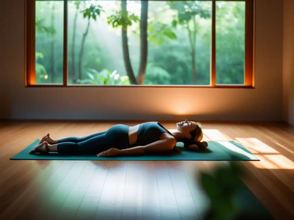 Yoga Nidra: Serenidad y Paz Interior 'Practicante de Yoga Nidra disfrutando de los beneficios para el sistema inmunológico en un ambiente sereno y moderno