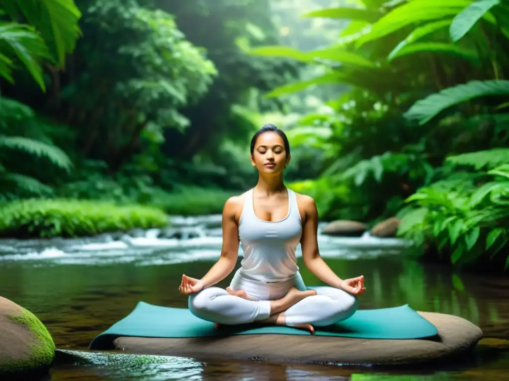 Practicante de yoga en entorno natural, en profundo estiramiento, transmitiendo calma y equilibrio
