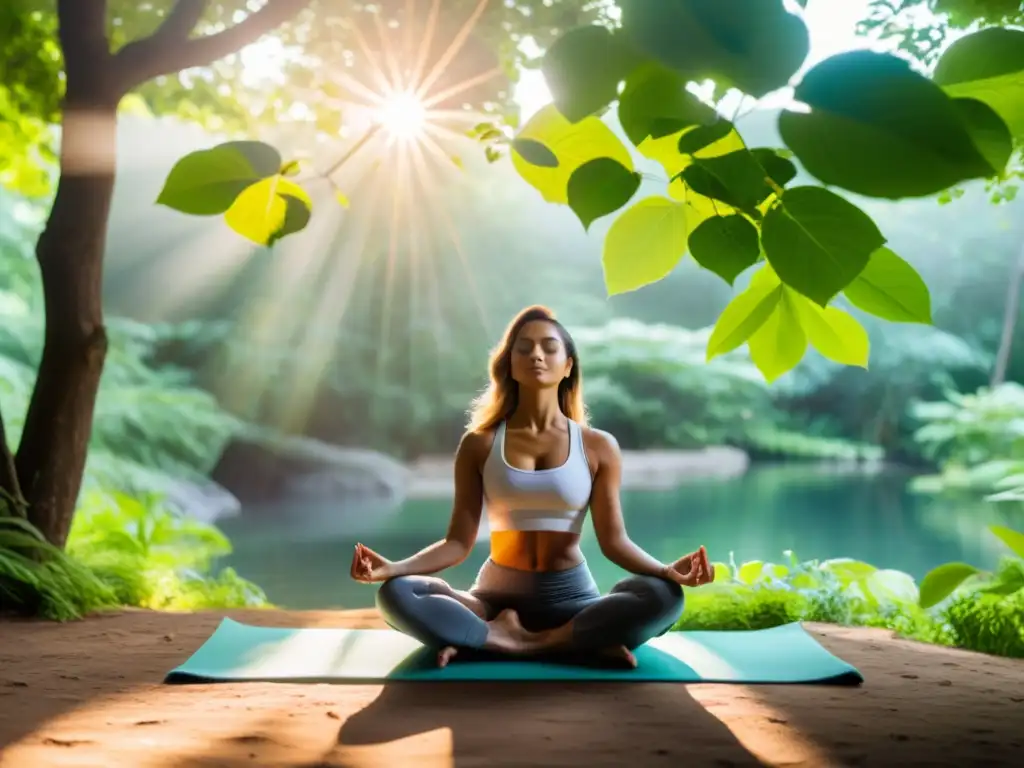 Meditación en la naturaleza: fortaleza y calma Practicante de yoga en entorno natural, irradiando calma y fuerza interior