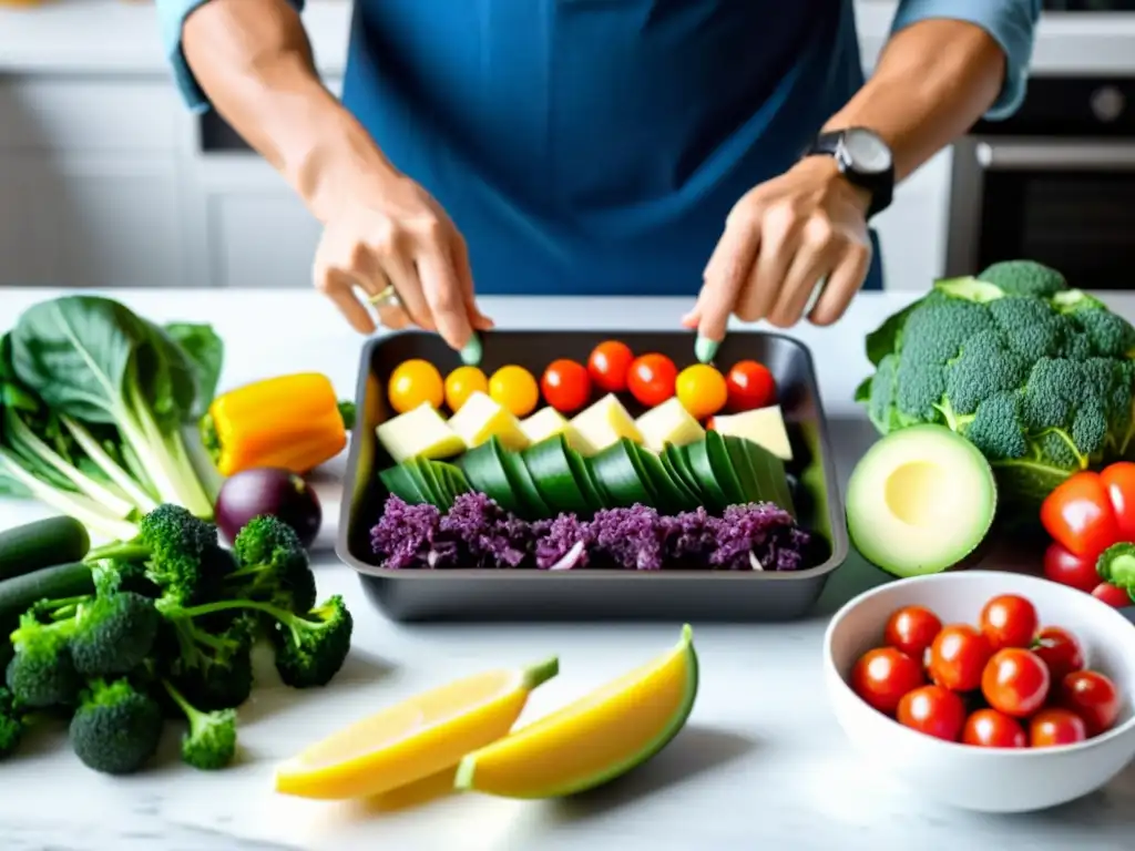 Preparando una comida keto saludable y colorida Preparación de una comida keto colorida y nutritiva en una cocina moderna y bien iluminada
