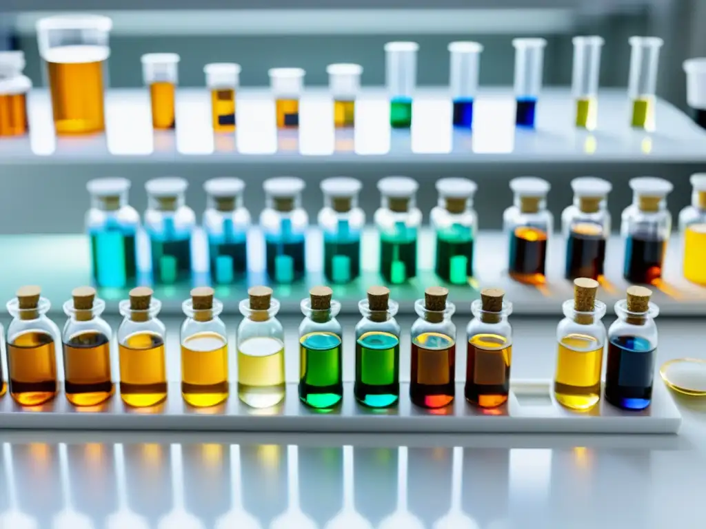Preparación detallada de fórmulas homeopáticas complejas para inmunidad, con colores vibrantes y precisión científica en laboratorio