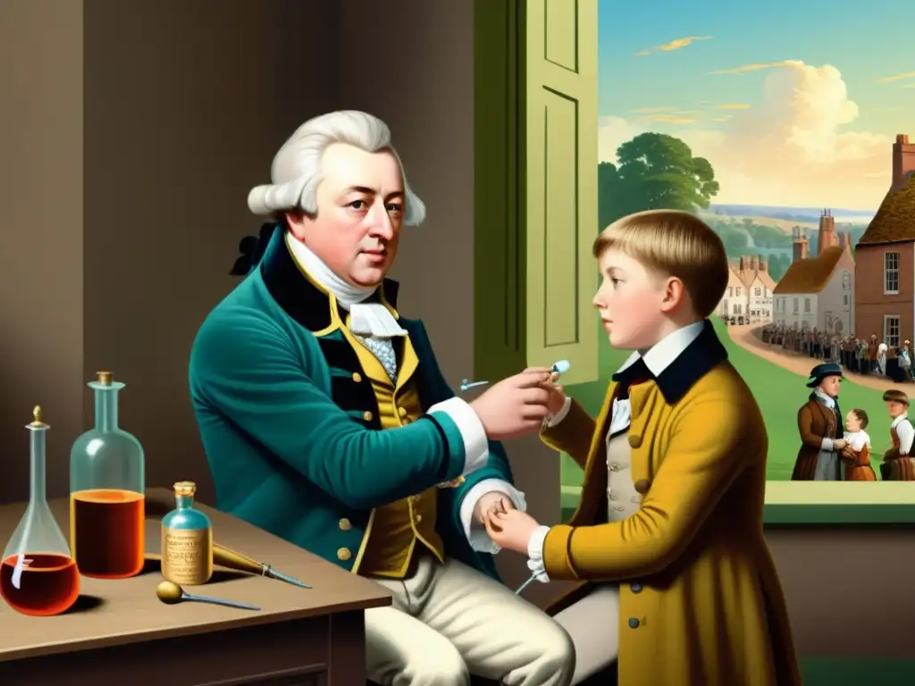 Edward Jenner administra la primera vacuna contra la viruela: una ilustración histórica y detallada Edward Jenner administra la primera vacuna contra la viruela, resaltando la importancia de las vacunas para el sistema inmunológico