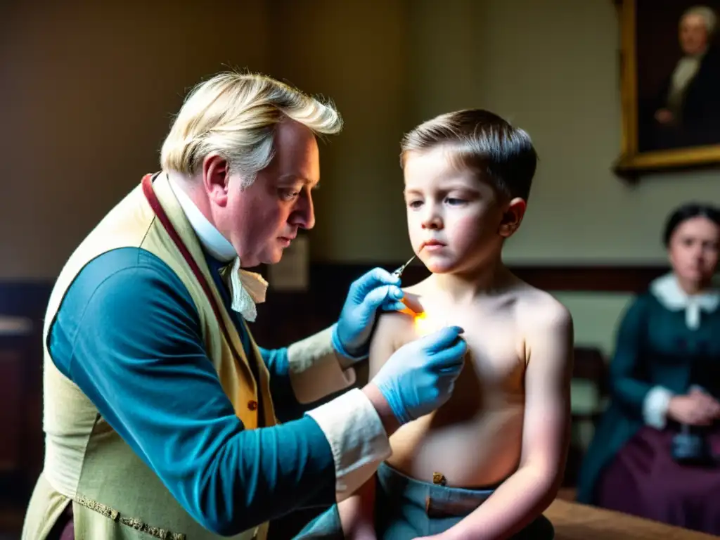 Vacuna de Jenner contra la viruela: momento histórico Edward Jenner administra la primera vacuna contra la viruela a un niño, enfocando la importancia histórica de este hito en el sistema inmunológico