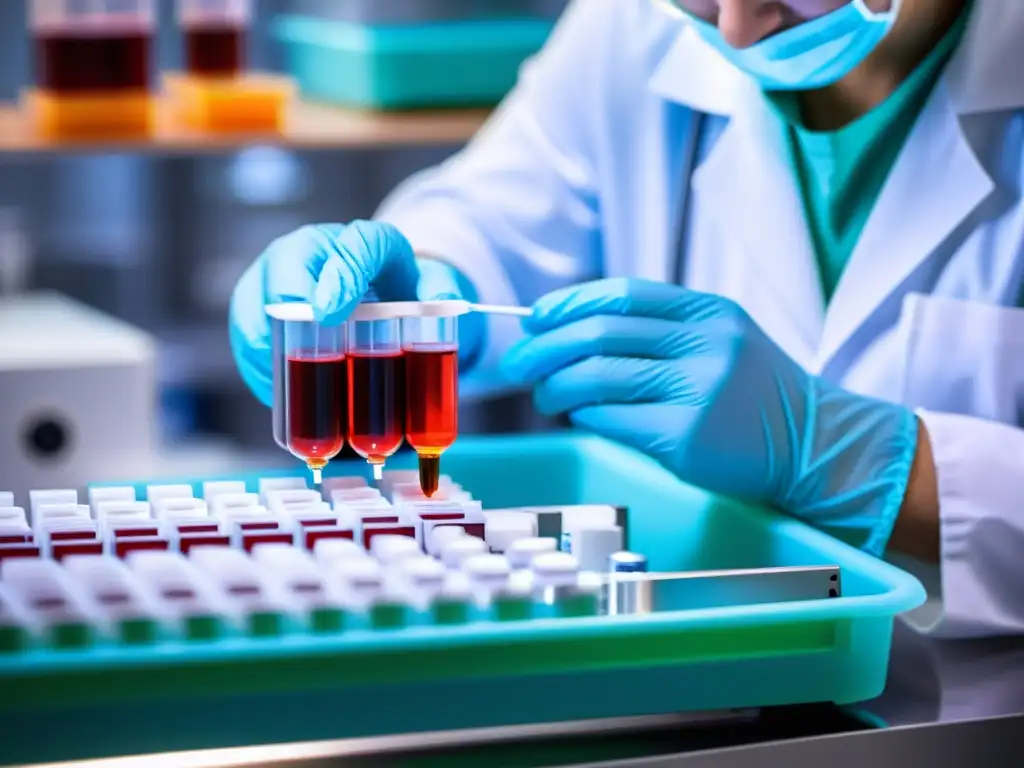 Proceso de extracción de CART cells en laboratorio Procesamiento detallado de muestra de sangre para terapias con células CART para cáncer, con científicos en laboratorio y tecnología avanzada