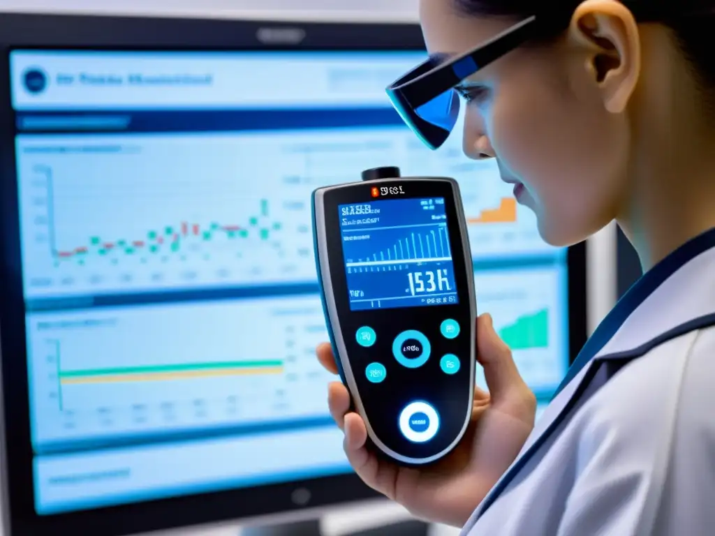 Dispositivo futurista de monitoreo inmunológico Un profesional sostiene un dispositivo de monitoreo inmunológico avanzado futuro en un laboratorio moderno y estéril, con gráficos y datos en pantalla