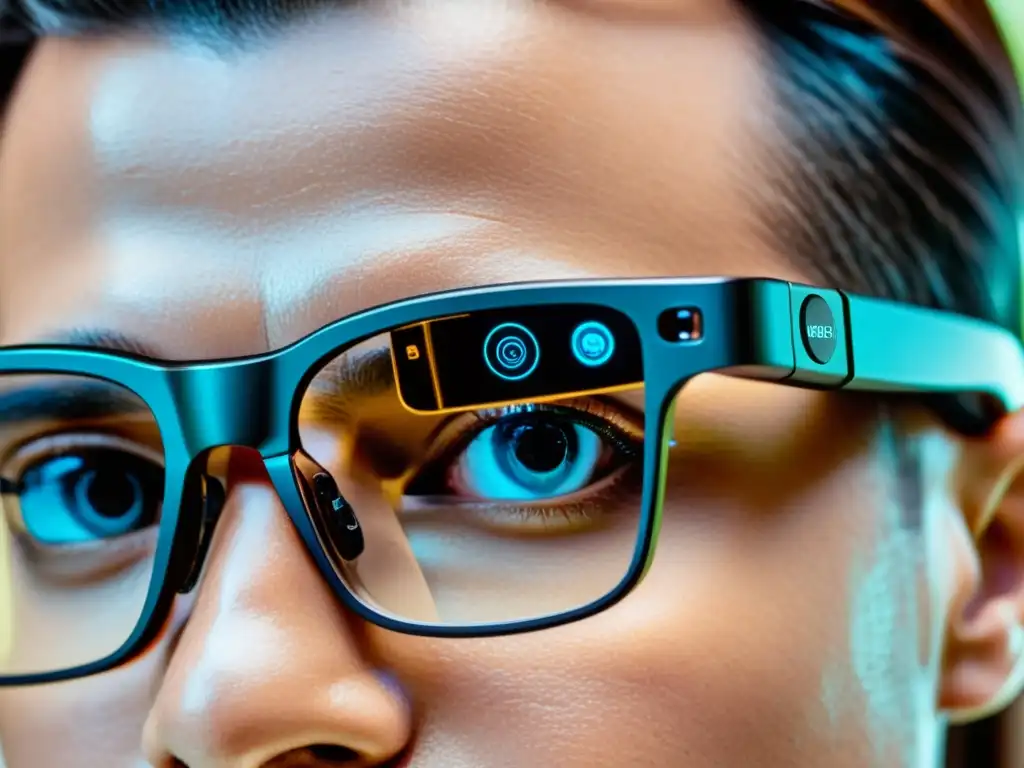 Smart glasses para monitoreo de salud inmune en entorno profesional Un profesional usando elegantes gafas inteligentes con monitorización continua de salud inmunológica en un entorno médico futurista