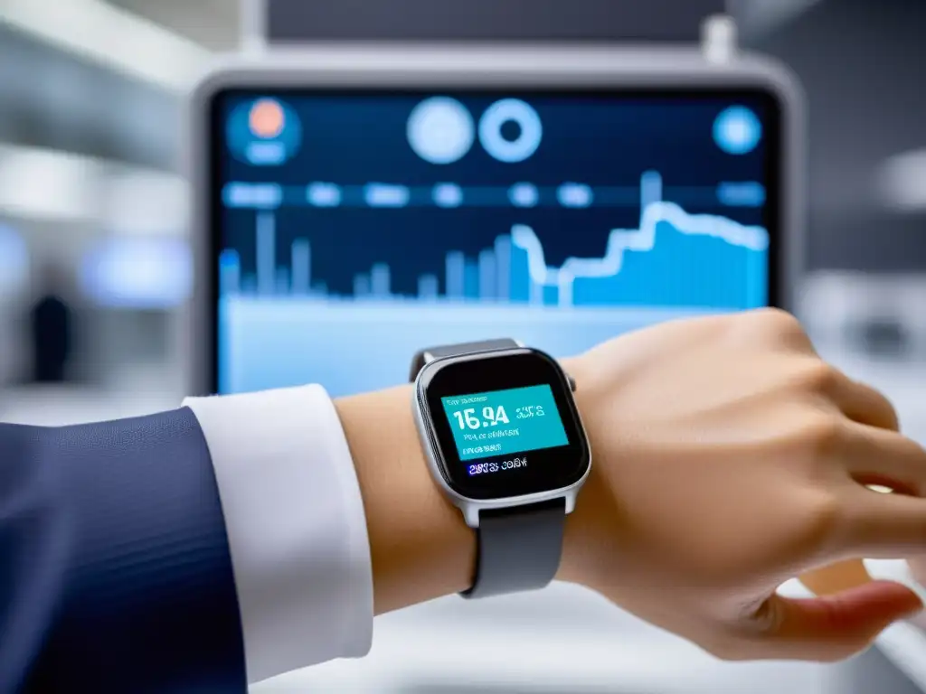 Monitoreo inmunológico en laboratorio: Smartwatch de alta tecnología Un profesional en laboratorio usa un smartwatch con datos inmunológicos en alta resolución