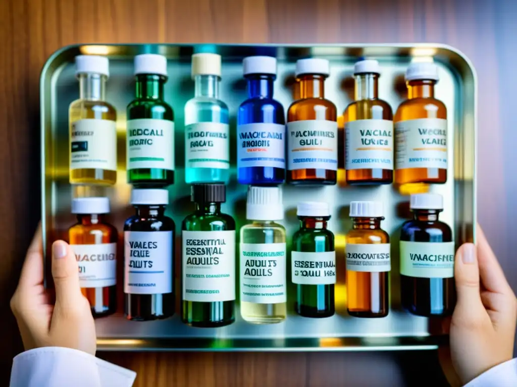 Detalles impresionantes: vacunas esenciales para adultos Un profesional médico sostiene una bandeja con vacunas, resaltando la importancia de proteger el sistema inmunológico