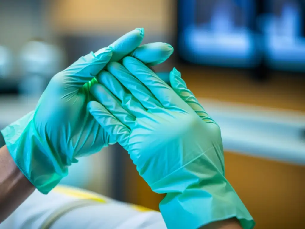 Profesional médico poniéndose guantes estériles en hospital moderno Un profesional médico con equipo de protección personal, colocándose guantes estériles en un hospital moderno