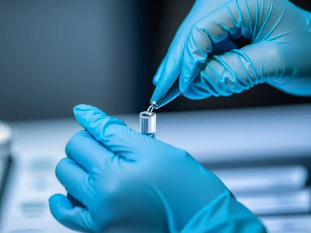 Profesional de la salud extrayendo vacuna con precisión Un profesional médico con guantes azules dibuja una vacuna de un vial, destacando la importancia de las vacunas en la salud pública