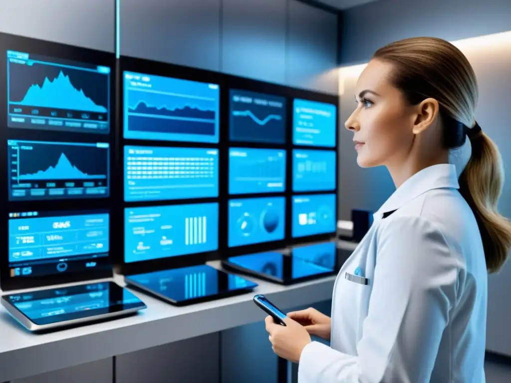 Análisis avanzado de composición corporal en clínica moderna Un profesional médico utiliza monitores de composición corporal en instalación médica moderna