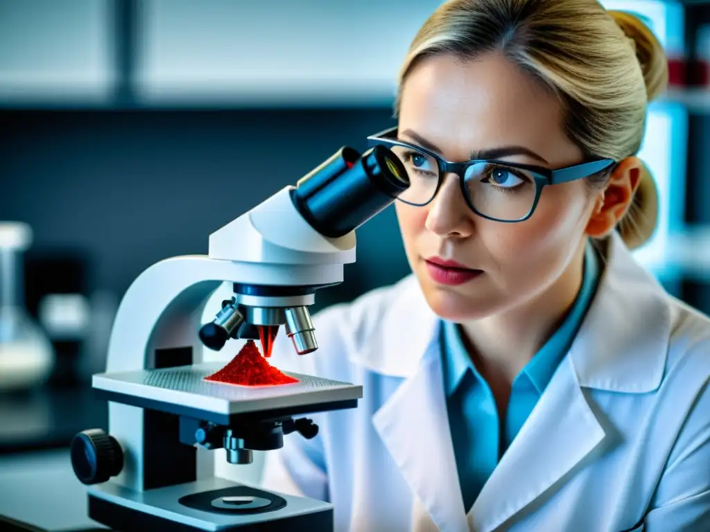 Examen minucioso de muestra de sangre en 8k Un profesional médico examina detenidamente una muestra de sangre bajo un microscopio, resaltando la importancia del chequeo médico inmunológico