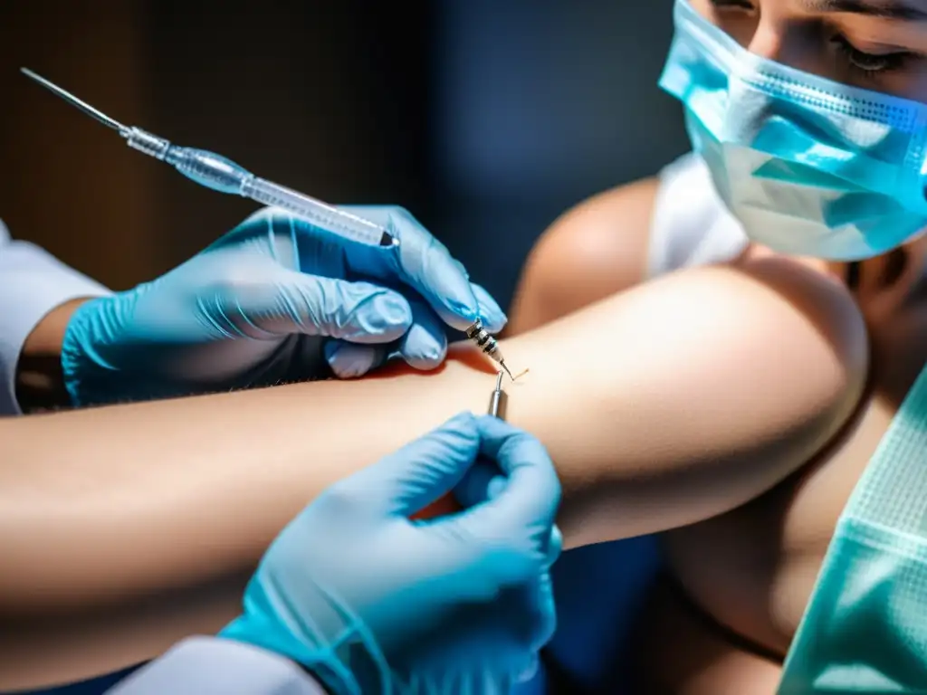 Vacunación experta: Inyección precisa para la inmunidad Un profesional médico administra una vacuna con precisión, enfocado en la inserción de la aguja y la expresión tranquilizadora del profesional