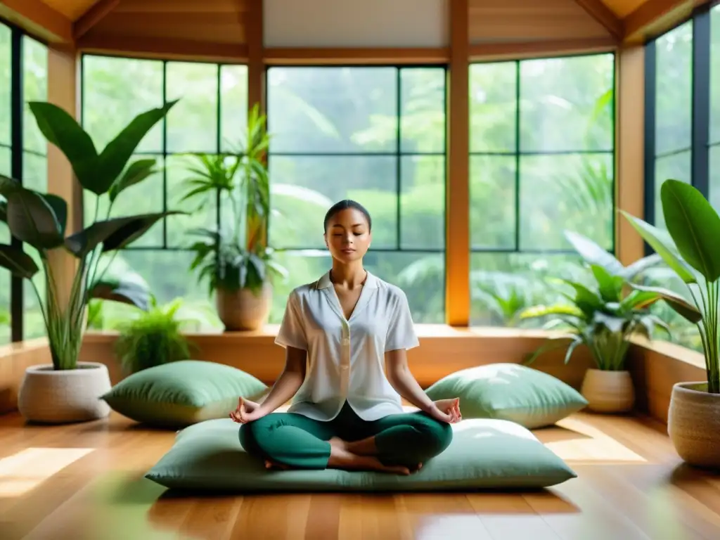 Sala de meditación para profesionales: restauración y paz Profesional meditando en sala tranquila, restaurando función inmune mediante meditación