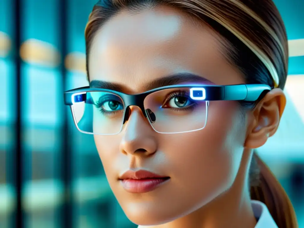 Smart glasses de última generación en acción Un profesional de la salud lleva unas gafas inteligentes de diseño moderno, realizando análisis inmunológicos en un entorno médico futurista