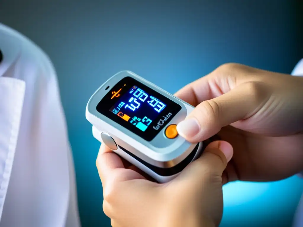 Pulsoxímetro de alta tecnología en entorno médico Un profesional de la salud sostiene un moderno oxímetro de pulso, mostrando signos vitales
