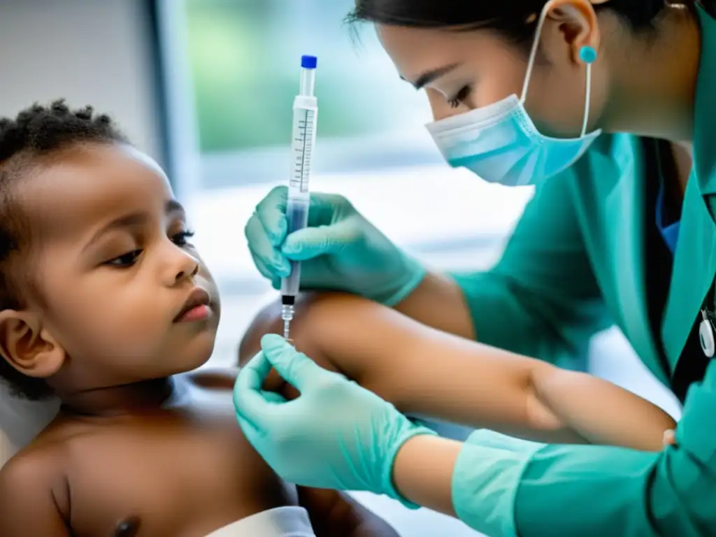 Vacunación infantil: Profesional de la salud administrando vacuna Un profesional de la salud administra vacuna a niño en clínica, transmitiendo calma y confianza
