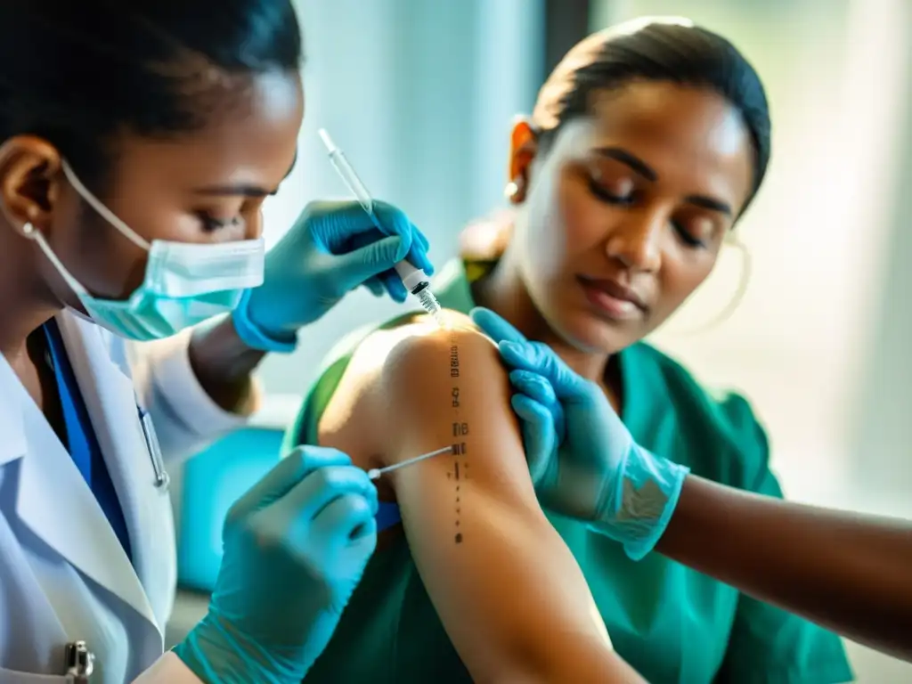 Vacunación: Precisión y Confianza en Atención Médica Un profesional de la salud administra una vacuna con precisión y cuidado, destacando la importancia de las vacunas y el sistema inmunológico