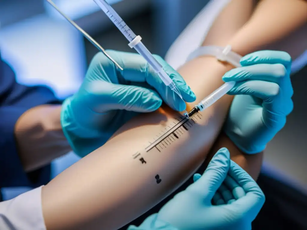 Vacunación detallada: profesional administra vacuna con precisión Un profesional de la salud administra una vacuna con precisión